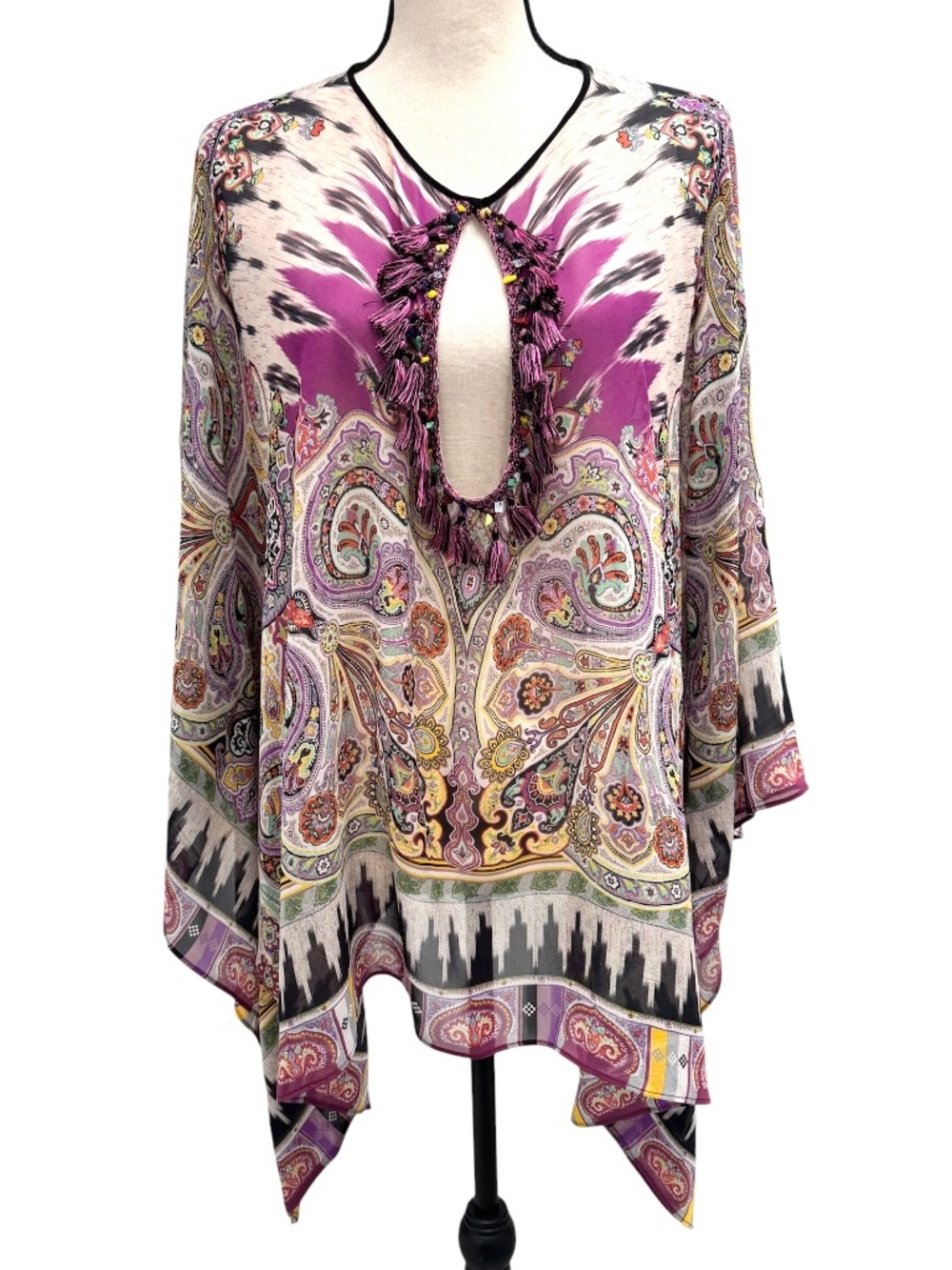 ETRO MILANO SILK PAISLEY IKAT MULTICOLOR KEYHOLE TASSEL NECKLINE PONCHO TOP